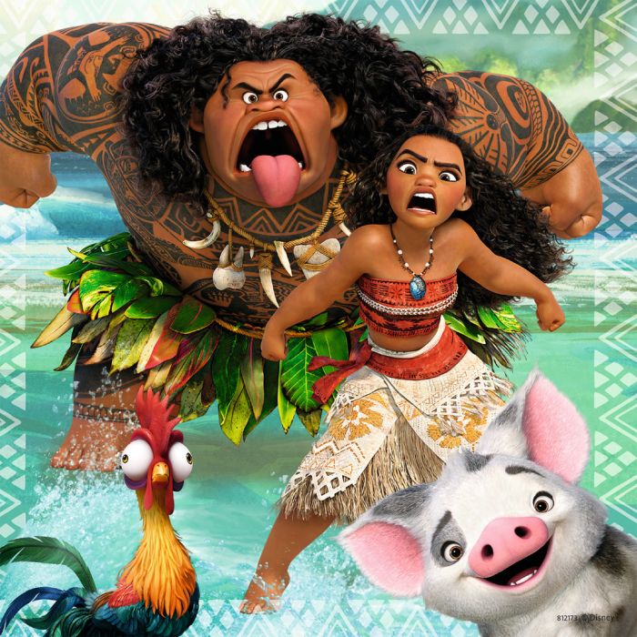 49pc Moana Voyage Puzzles featuring Moana, Maui, Hei Hei, and Pua in a vibrant ocean scene for preschoolers.