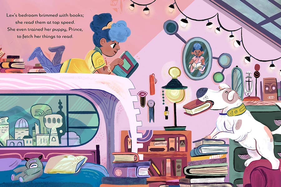 Reading Beauty illustration of Lex reading in her book-filled bedroom with her puppy fetching a book.