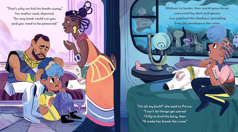 Reading Beauty illustration showing a family discussing a curse that threatens their kingdom's books and darkens their world.