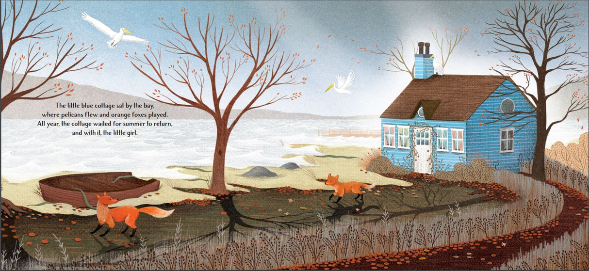 Illustration of a blue cottage by the bay with foxes and birds in autumn, from the book Little Blue Cottage.