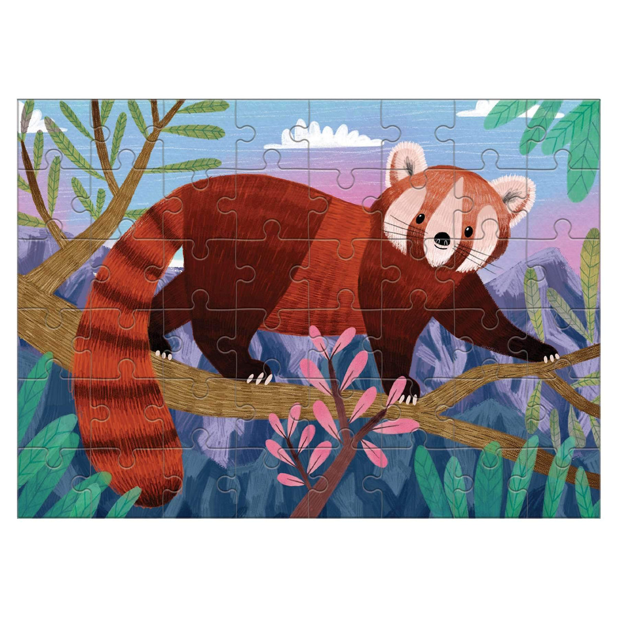 48pc Red Panda Mini Puzzle showing a red panda on a tree branch in a colorful natural habitat scene.