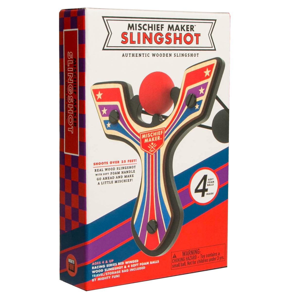 Slingshot Red Winged wooden toy slingshot with colorful design, soft foam balls, and storage bag in a vibrant box.