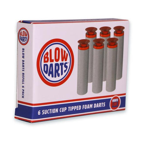 Blow Darts Refill pack of 6 soft foam suction cup tipped replacement darts in a colorful packaging box.