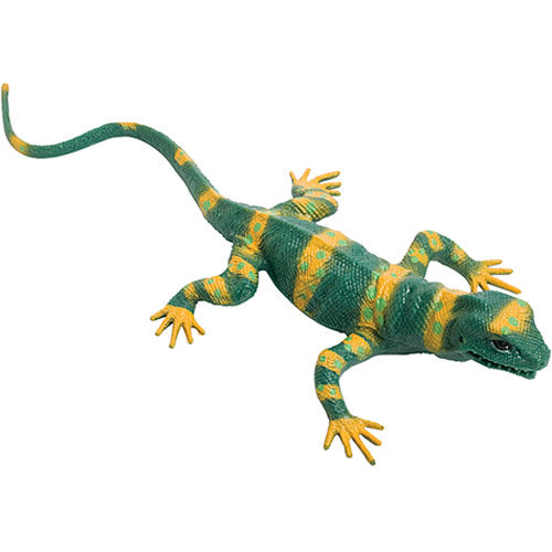 Lizard Squishimal toy in green and yellow, stretchy and durable, perfect for kids ages 3 and up to squeeze and play.