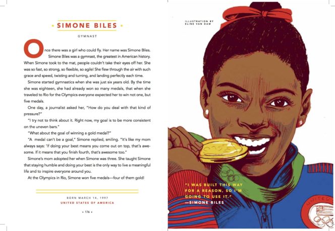 Good Night Stories For Rebel Girls book page featuring Simone Biles, illustrated portrait and her inspiring story.
