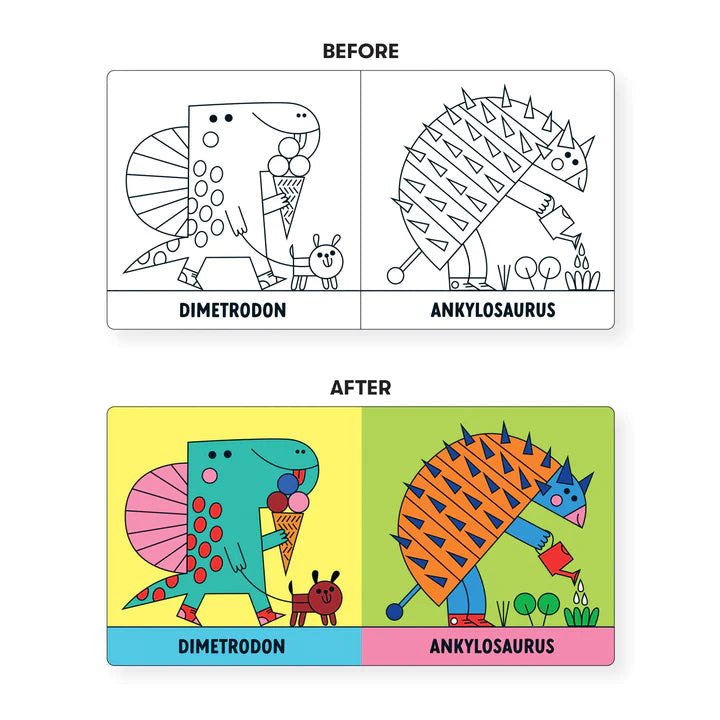 Bath Book Color Magic | Rub a Dub Dinos showing color-changing dinosaur pages with Dimetrodon and Ankylosaurus.