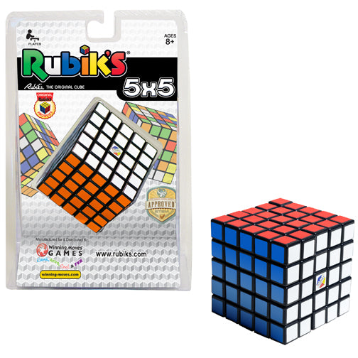 Rubiks Cube 5x5 puzzle with colorful squares and packaging, suitable for ages 8 and up, single player game.