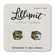 Rubiks Cube Earrings featuring colorful brain teaser cube design on hypoallergenic titanium posts with soft plastic backs.
