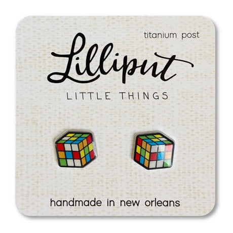 Rubiks Cube Earrings featuring colorful brain teaser cube design on hypoallergenic titanium posts with soft plastic backs.