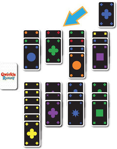 Qwirkle Rummy game tiles featuring colorful shapes and symbols designed for matching and scoring sets.