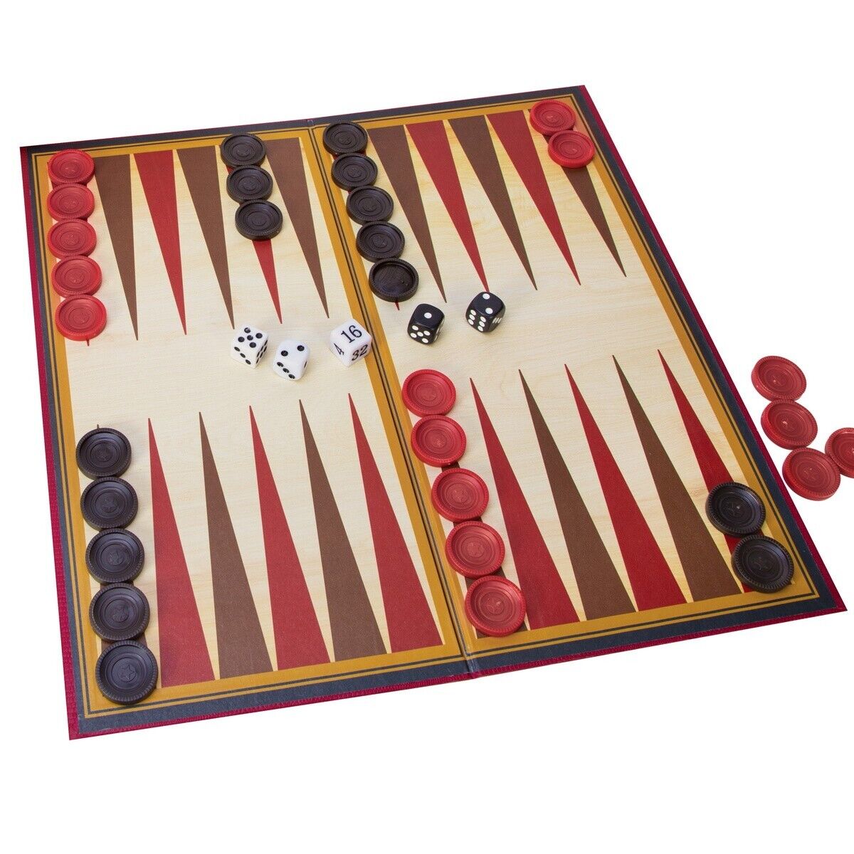 Classic Backgammon board game with red and black movers, dice, and doubling die for ages 6 and up.