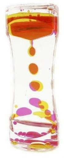 Liquid Timer showing colorful droplets slowly descending in clear liquid for sensory play and stress relief.