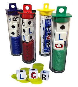 LCR game set with dice and chips in assorted colors, perfect for fast-paced fun with 3 or more players.