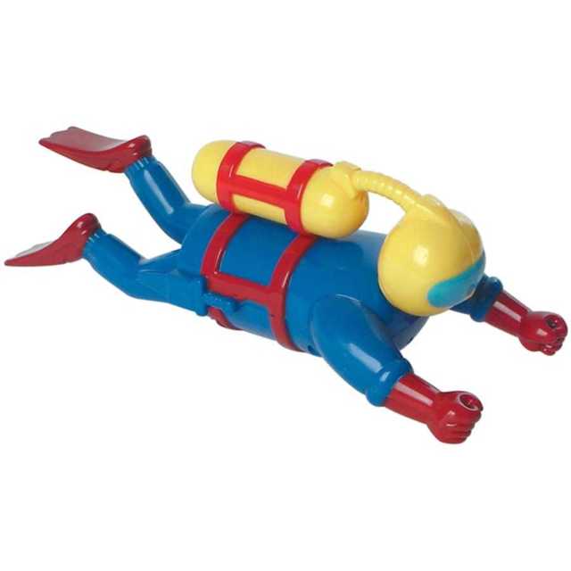 Wind-Up Scuba Diver toy in blue and yellow, designed to swim across the tub, suitable for ages 18 months and up.