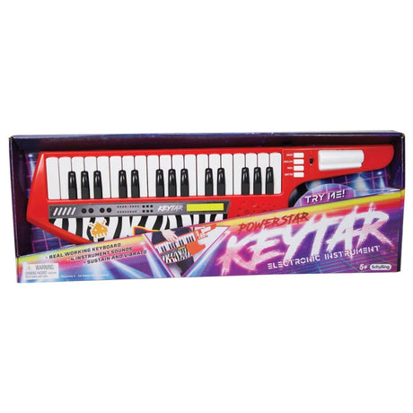 Power Star Keytar Electronic Instrument with 4 sound settings, 8 rhythms, 19 demos, volume control, and shoulder strap.