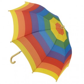 Rainbow Umbrella child-sized with vibrant rainbow colors, perfect for keeping kids dry on rainy days, ages 3 and up.