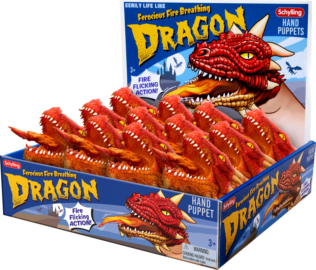 Dragon Rubber Puppet showing a red fire-breathing dragon hand puppet with flicking tongue action for kids age 3+