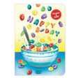 Fruity Cereal Scratch & Sniff Card showing colorful cereal letters spelling Happy Birthday above a bowl of cereal with milk.