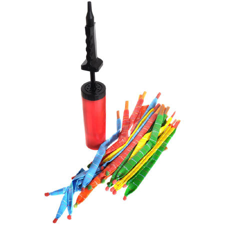 Rocket Balloons with Pump set showing colorful balloons and a red hand pump for fun indoor play.