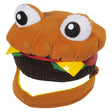 Cheeseburger Hat with embroidered eyes, bun, cheese, lettuce, and meat, plush Halloween costume accessory.