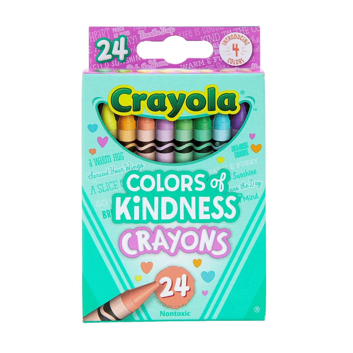 Colors of Kindness: Crayons 24 Pack with colorful crayons in a bright teal box featuring kind words on each crayon.