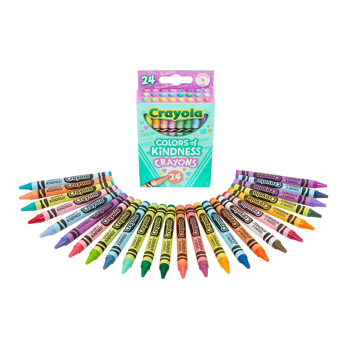 Colors of Kindness: Crayons 24 Pack showing colorful Crayola crayons with kindness messages in a flip-top box.