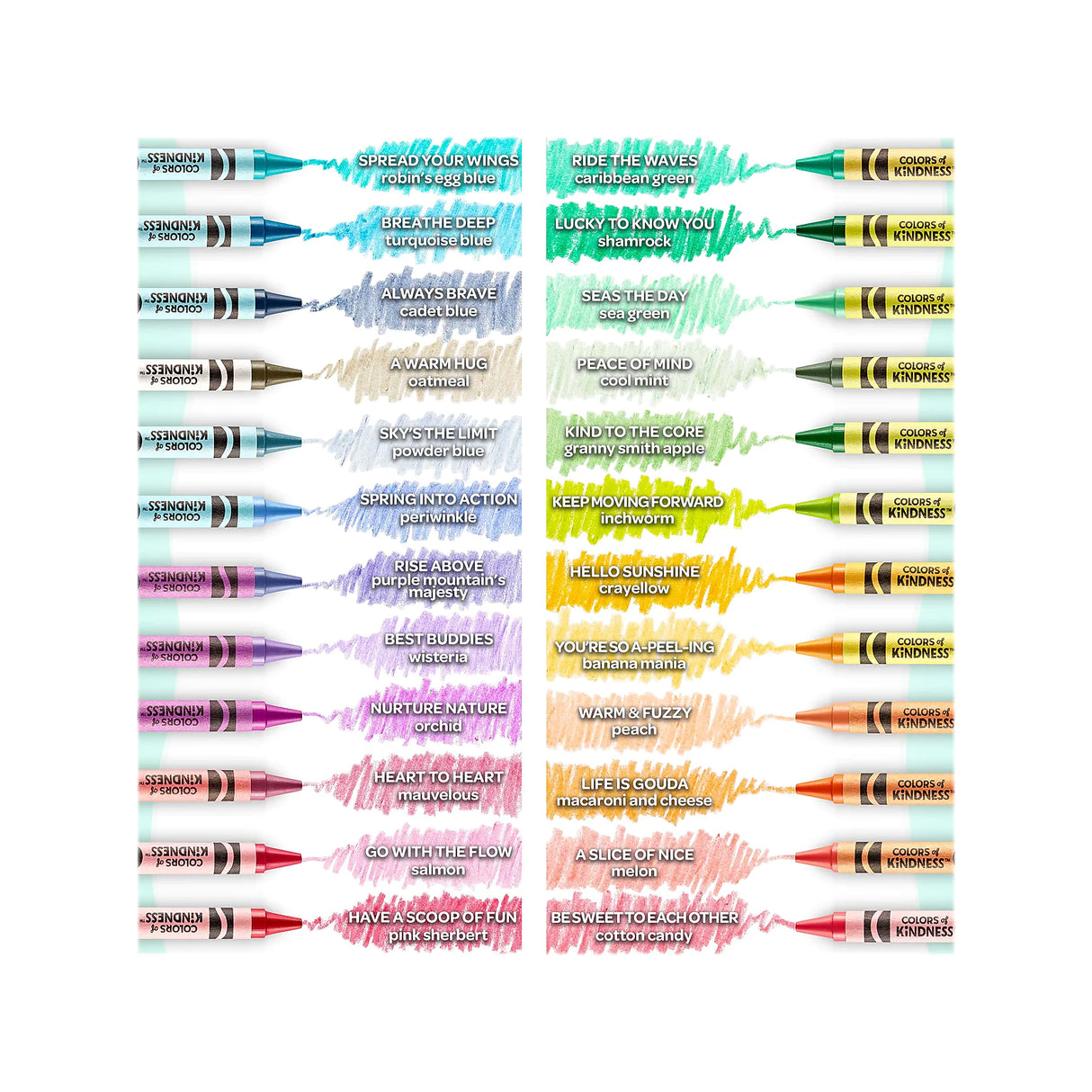 Colors of Kindness: Crayons 24 Pack showing 24 vibrant crayons with words of kindness printed on each one.