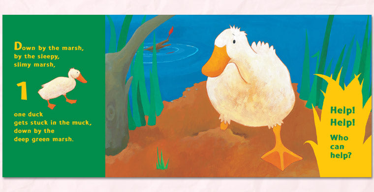 One Duck Stuck board book page showing a duck stuck in the marsh with colorful illustrations and counting rhyme.
