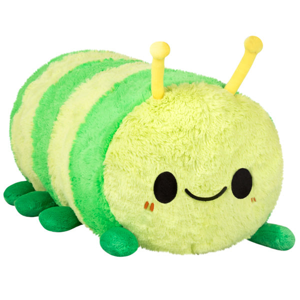 Caterpillar plush toy with a soft green striped body and a smiling face, perfect for all ages.