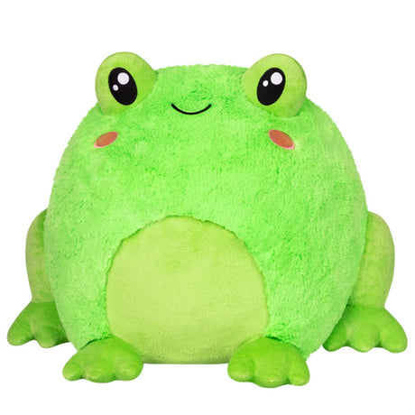Frog plush toy made of polyester fiber, bright green with big eyes, cute smile, and soft squishy texture.