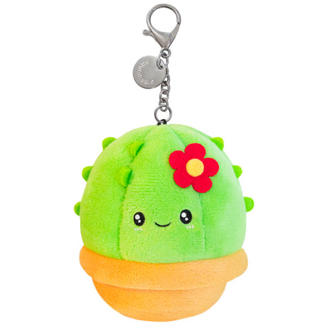 Cactus Micro plush keychain with smiling face, red flower, and metal clip, soft 3-inch polyester fiber toy.