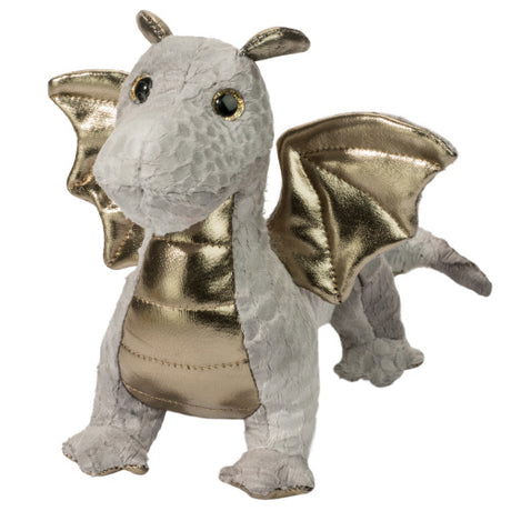 Dragon Hydra plush toy with shimmering silver and gold fabric, 8.5 inches long for imaginative play.