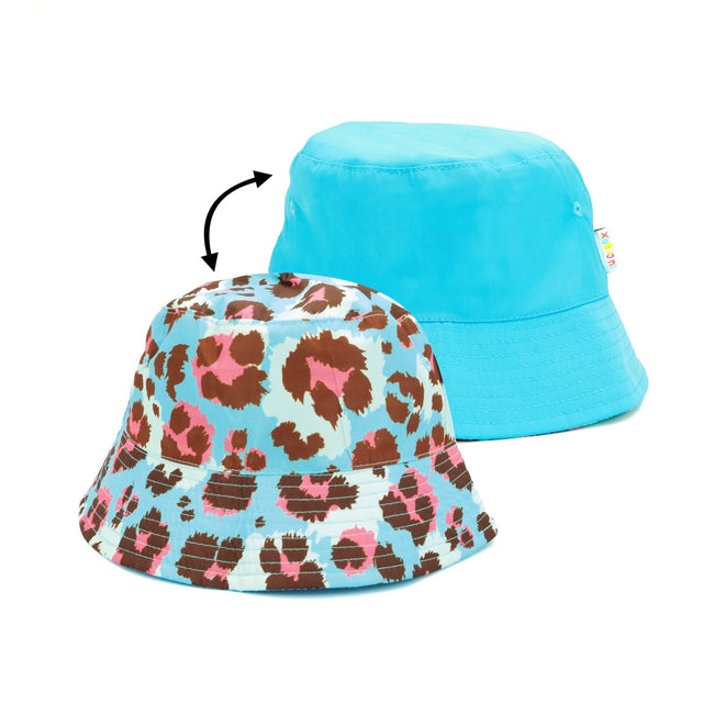 Bucket Hat Wild Child reversible kids hat with colorful leopard print and solid blue, durable and SPF50+ protection.