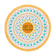 Round Beach Towel Hello Sun with 5-foot circular design, soft fabric, colorful pattern, and hand-dyed fringe perfect for beach use.