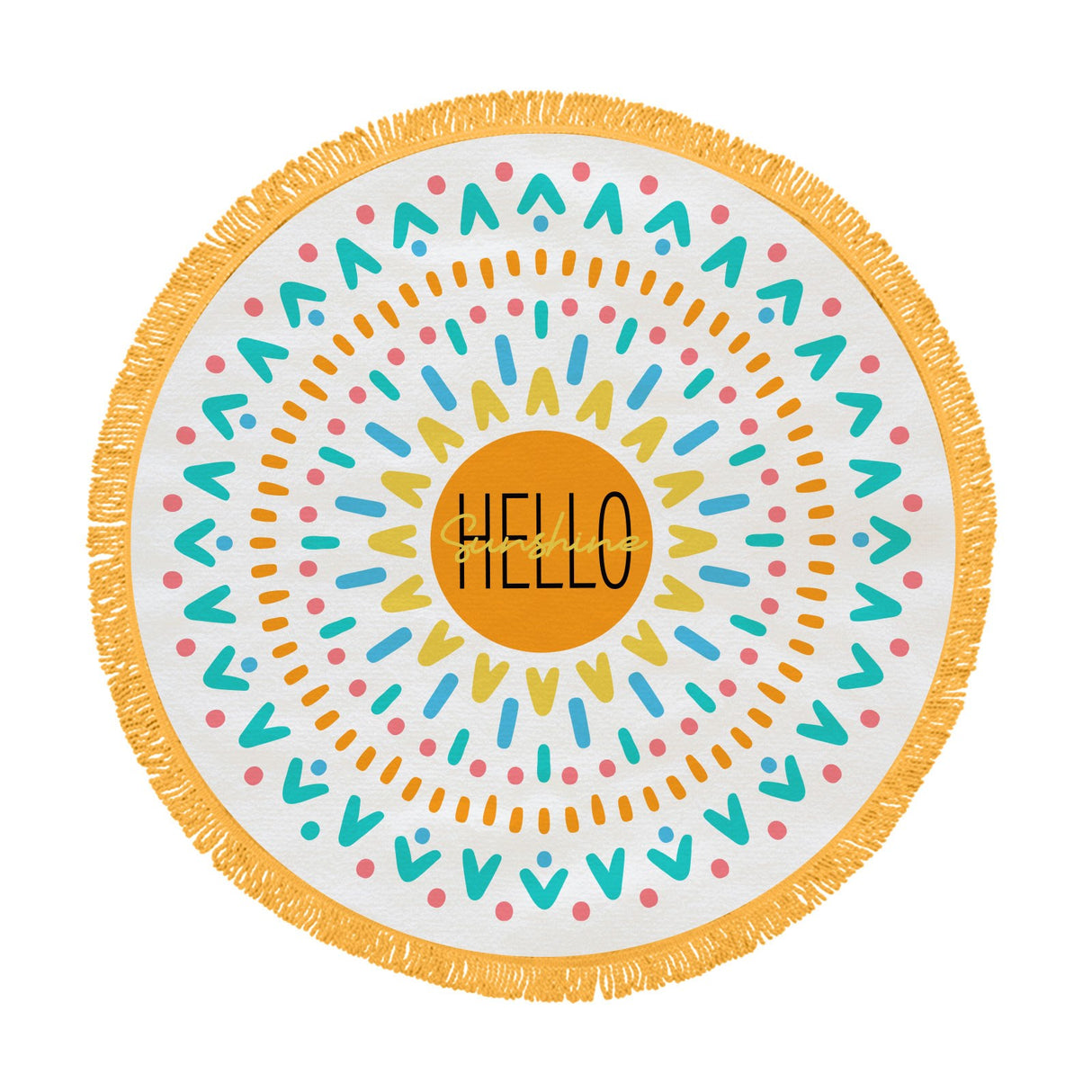 Round Beach Towel Hello Sun with 5-foot circular design, soft fabric, colorful pattern, and hand-dyed fringe perfect for beach use.