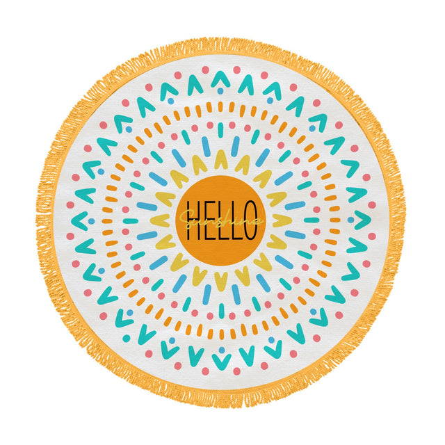 Round Beach Towel Hello Sun with 5-foot circular design, soft fabric, colorful pattern, and hand-dyed fringe perfect for beach use.