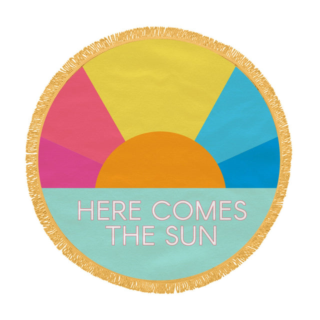 Round Beach Towel Here Comes the Sun with colorful sun design and hand-dyed fringe, perfect for beach or pool use.