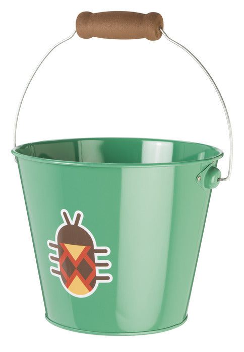 Green metal Bugs Pail with grippable wooden handle and colorful bug design, 5 inches tall, sold individually.