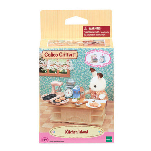 Kitchen Island with sink, mixer, waffle & doughnut maker, measuring scale, and accessories for family play.