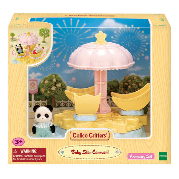 Baby Star Carousel toy with star parasol, three moon-shaped seats, and included Pookie Panda figure for ages 3+