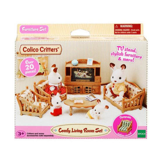 Comfy Living Room set with sofa, armchairs, table, TV stand, and interchangeable materials for creative play.