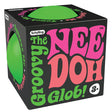 NeeDoh Groovy Glob stress ball in green inside colorful packaging for soothing stress relief and fun squeezing.