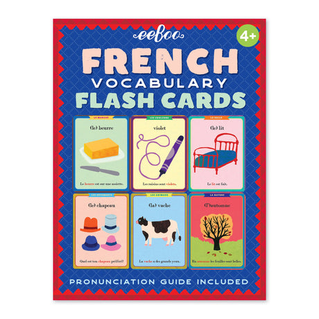 French Flash Cards featuring colorful vocabulary cards with French words, illustrations, and pronunciation guide for kids 4 and up.