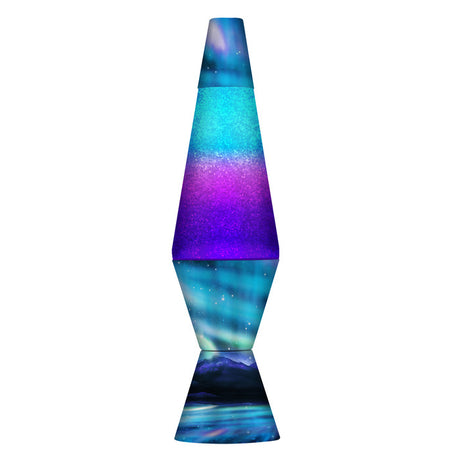 Lava Lamp | Northern Lights with silver glitter, clear liquid, and Northern Lights decal on base and cap.