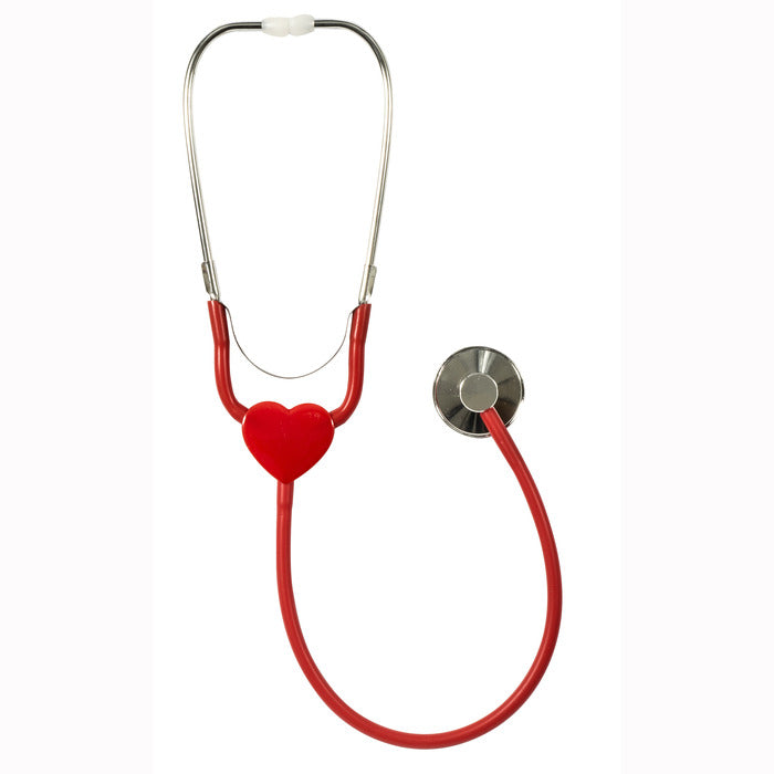 Stethoscope with red tubing and heart-shaped detail, perfect for children’s pretend play and dress up.
