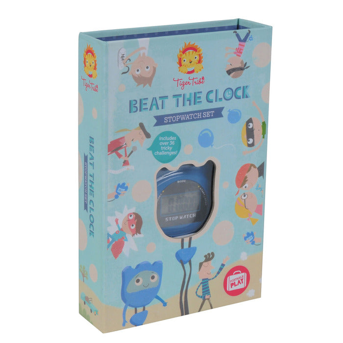 Beat the Clock | Stopwatch Set blue box with colorful cartoon characters and a visible digital stopwatch inside.