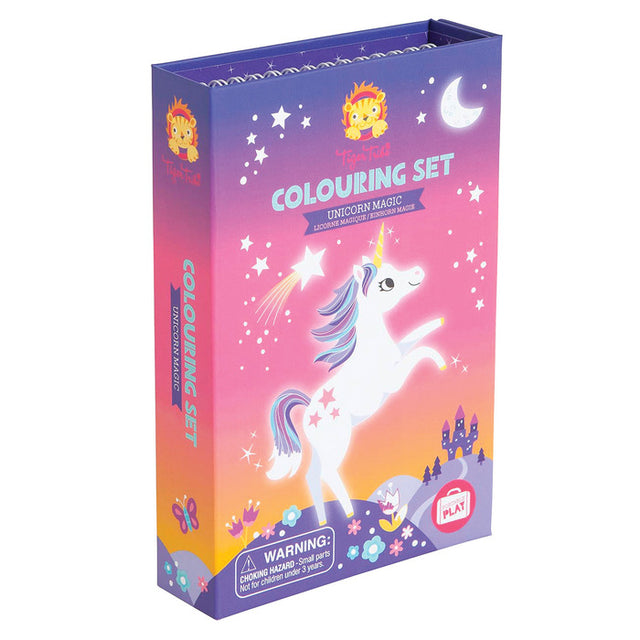 Coloring Set | Unicorn Magic with a unicorn illustration, stars, moon, and castle on pink and purple background packaging.