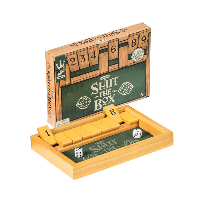 Shut the Box game set with wooden tiles, dice, and vintage style box, fun family board game for ages 6 and up.