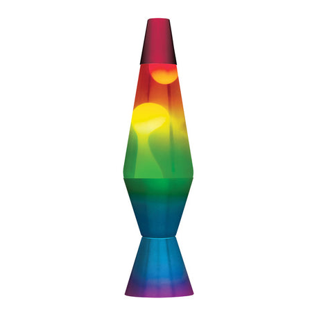 Lava Lamp | Rainbow with white wax, clear liquid, tri-colored globe, and rainbow decal base and cap providing soft light.