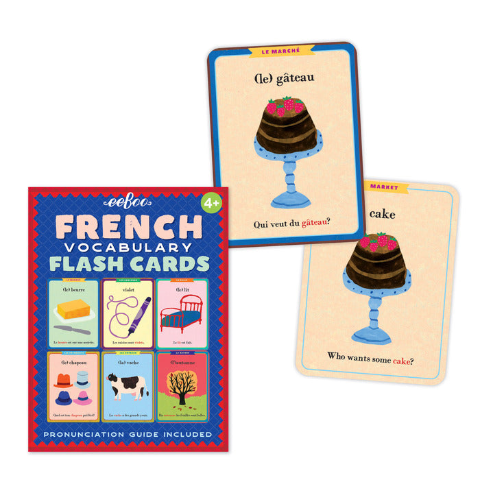 French Flash Cards with colorful illustrations and vocabulary in French and English for fun language learning.